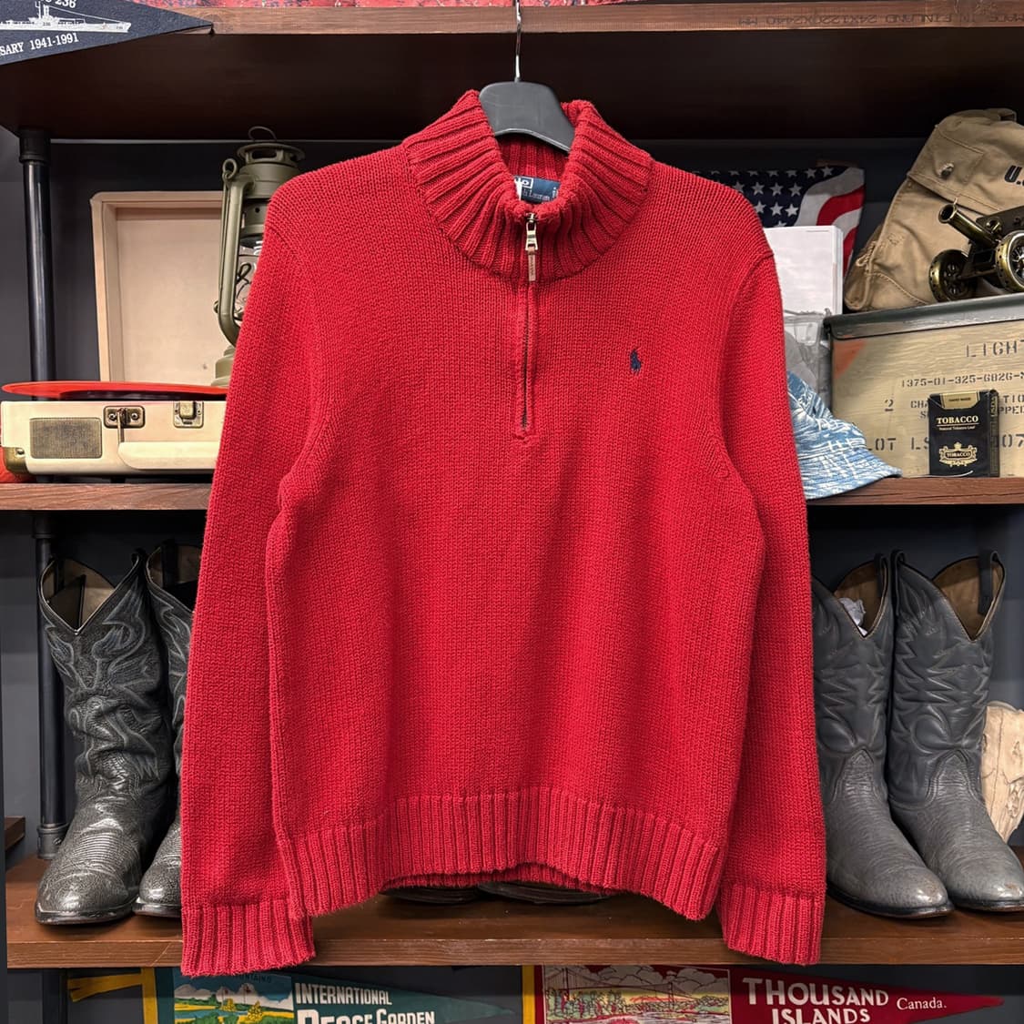 90s 폴로 랄프로렌 청키립 하프집업 코튼 니트 스웨터 레드 N633 상품이미지1