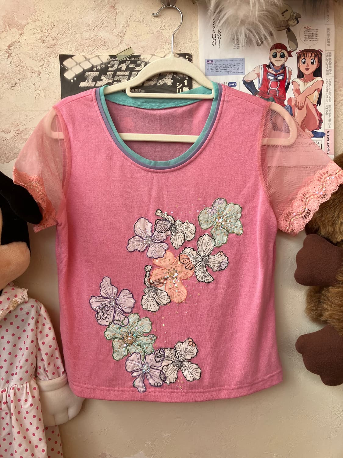 jpn 핑크 비즈 플라워 티셔츠 상품이미지3