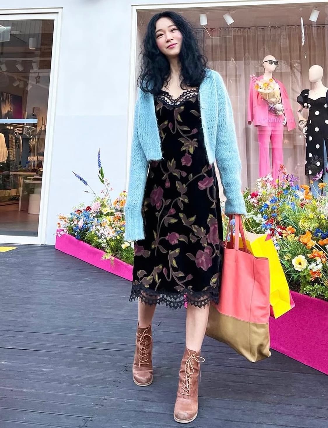 새상품 Max Studio 벨벳 플라워 롱 원피스 XS(44,마른 55사 상품이미지5