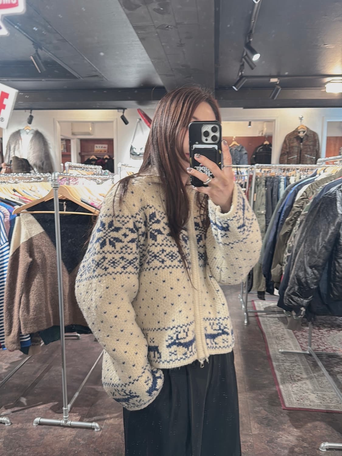 빈티지 노르딕 울 그런다 블루 패턴 니트 집업 가디건 F 상품이미지1