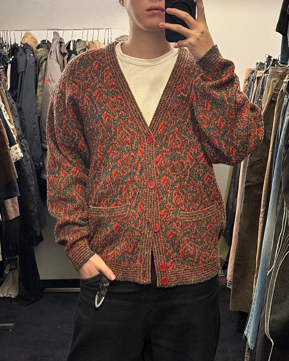 올드 컨트리 주황 오렌지 레드 당근 패턴 브이넥 니트 루즈 가디건 에스닉 상품이미지1