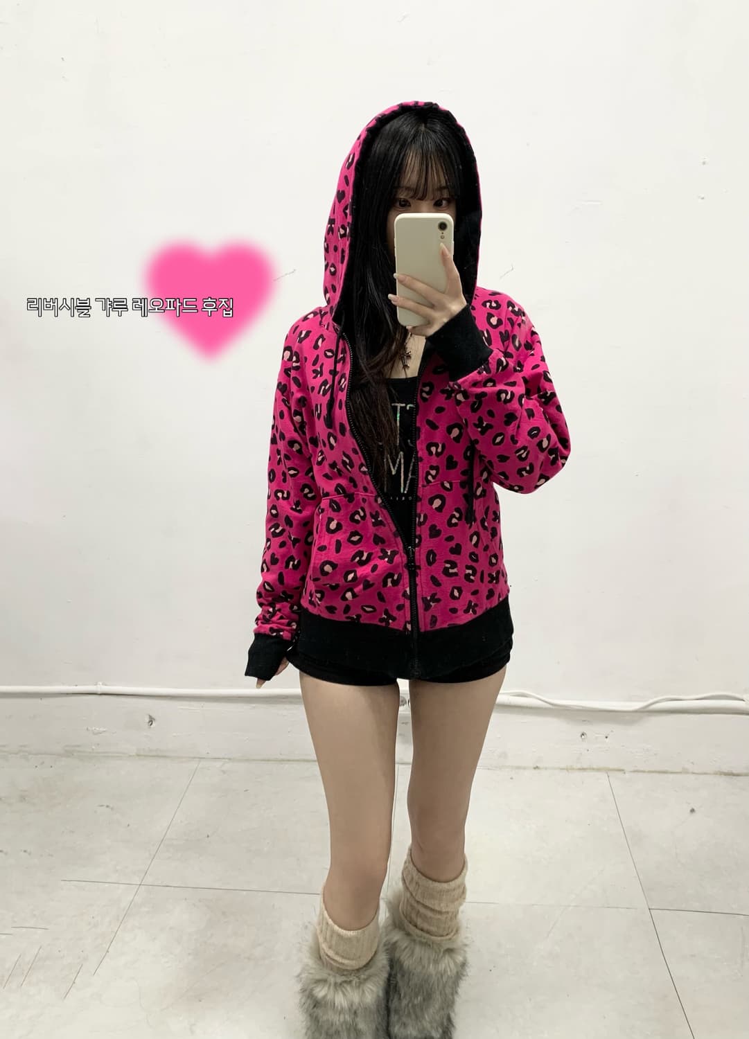 갸루 핑크 레오파드 리버시블 후드집업 상품이미지2