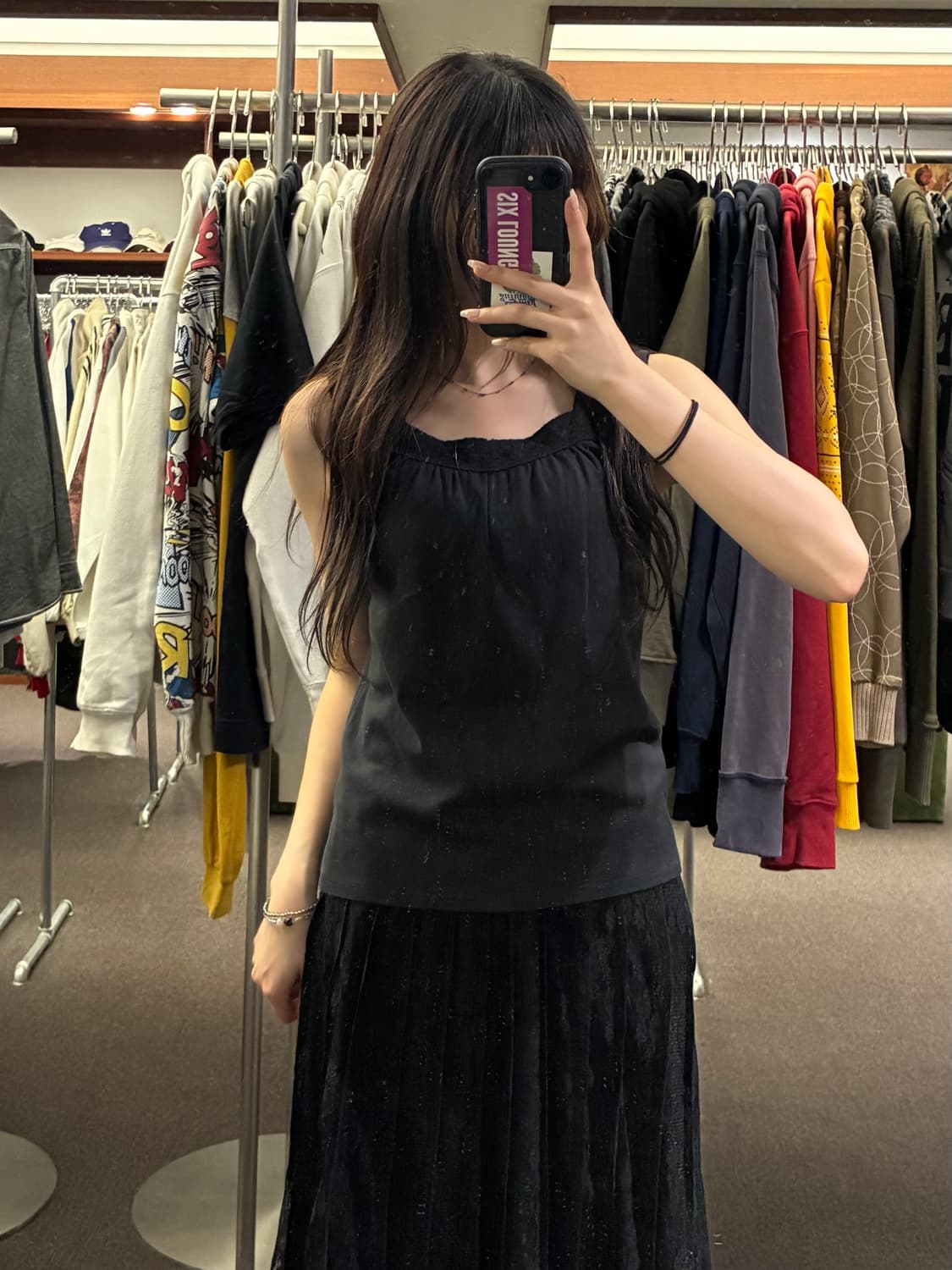 L)Japanese vintage 여성 레이스 셔링 블랙 나시 상품이미지1