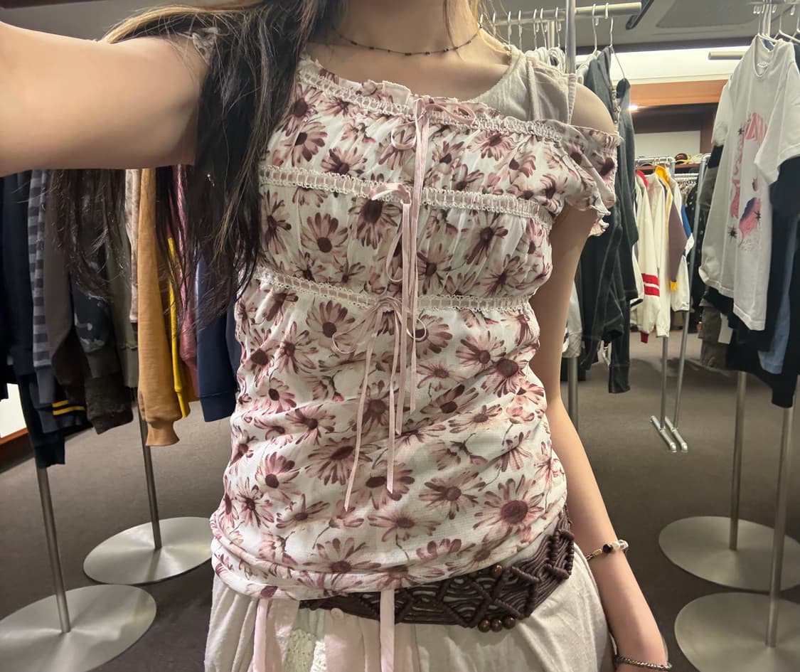 M)Japanese vintage 여성 플라워 패턴 레이스 블라우스 상품이미지3