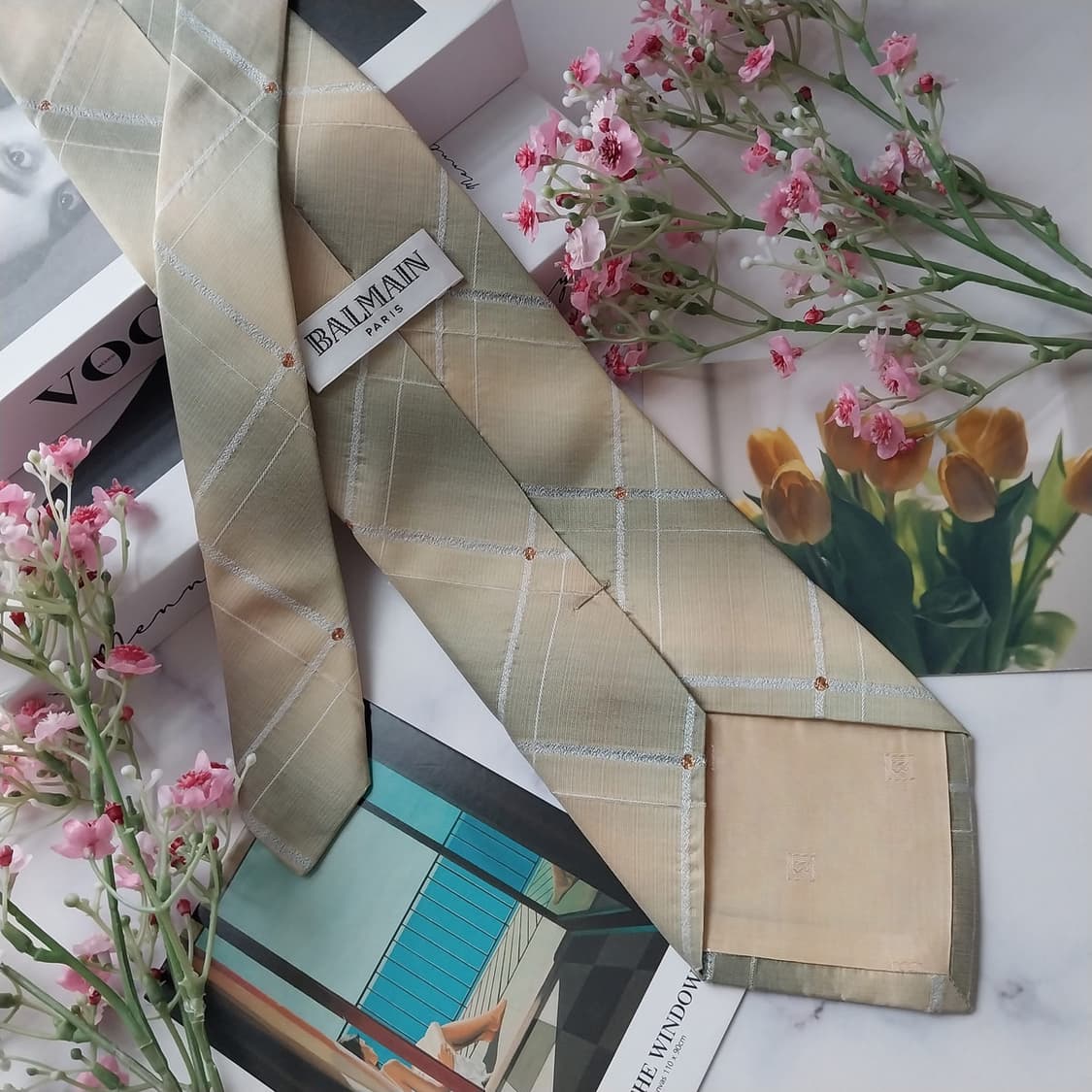 발망 실크 베이지 체크 큐빅 넥타이 9.5cm A등급 K1580
 상품이미지7