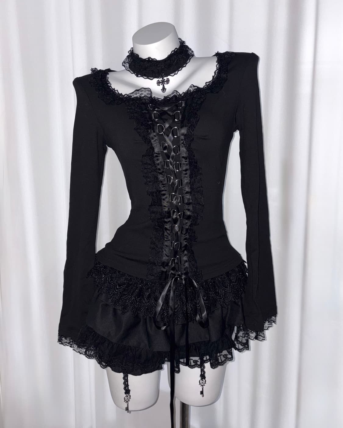 [black swan] 레이스 코르셋 고딕 펑크 고스 쿠로 갸루 블라우스 상품이미지1