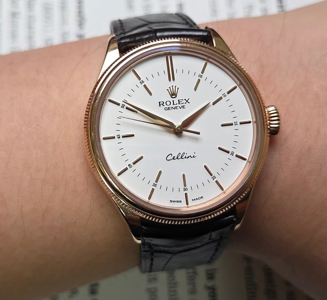 레어] 롤렉스 셀리니 50505 18K로즈골즈 올금통 화이트판 남성용 상품이미지6