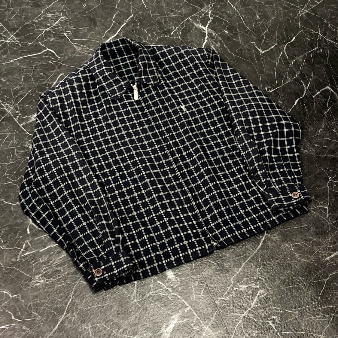 XL 입생로랑 체크 린넨 시스루 블루종 자켓 상품이미지4