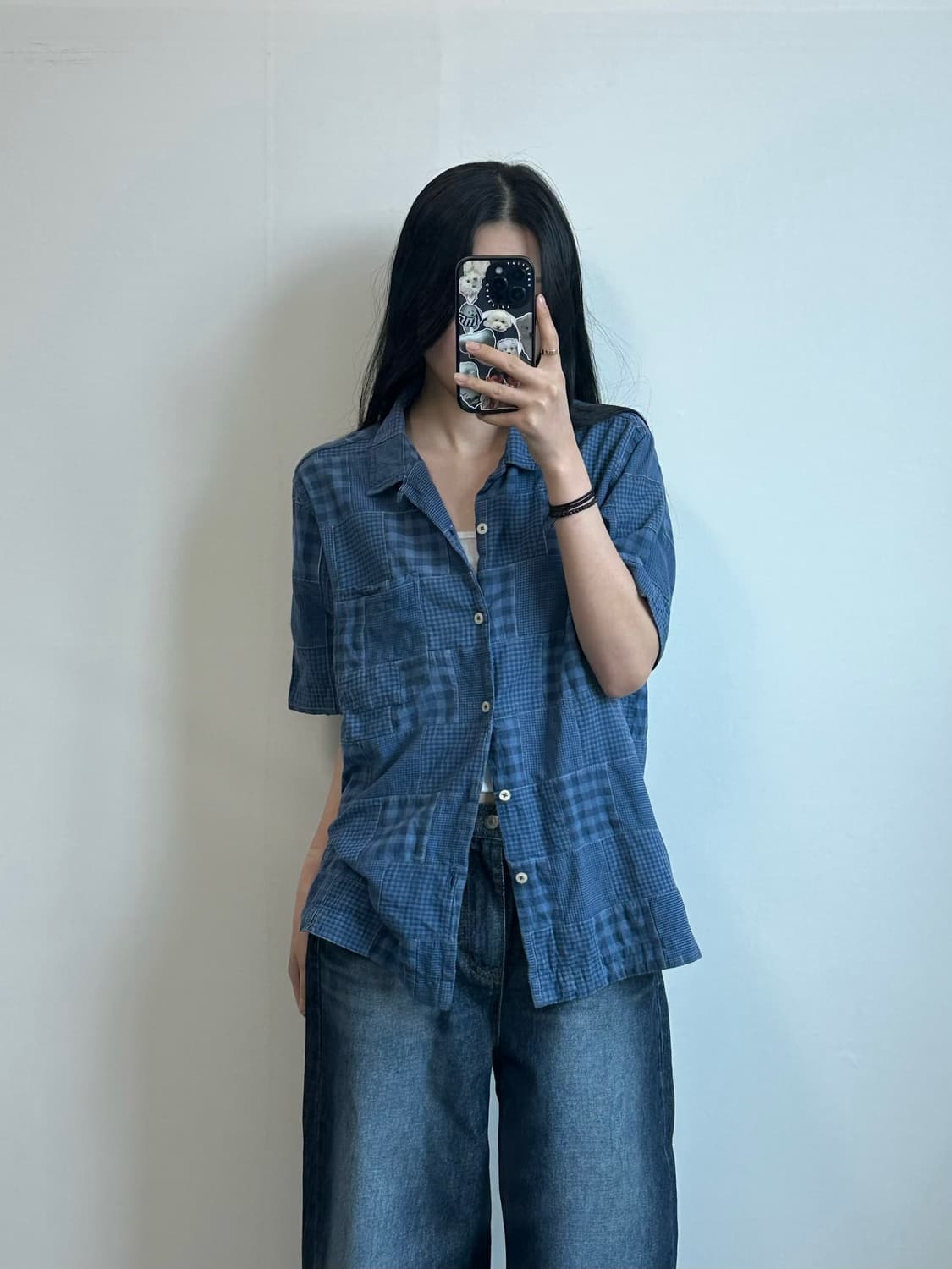 유니버셜웍스 네이비 패치워크 반팔 셔츠 상품이미지1