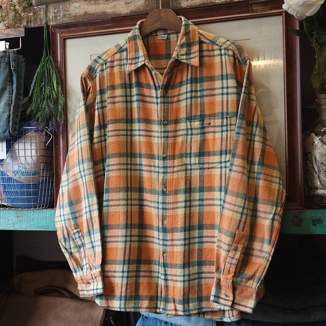 90s 아메리칸 빈티지 체크셔츠 헤비 플란넬 워크셔츠 오렌지 헤어리 L 상품이미지2