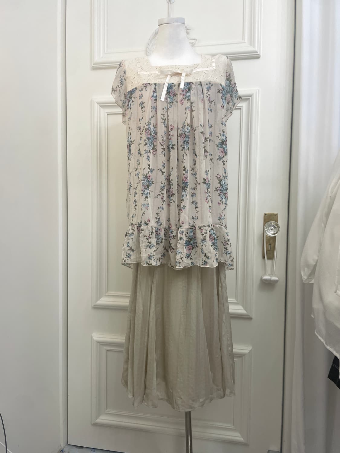 beige stripe flare banding skirt(size-L) 상품이미지6