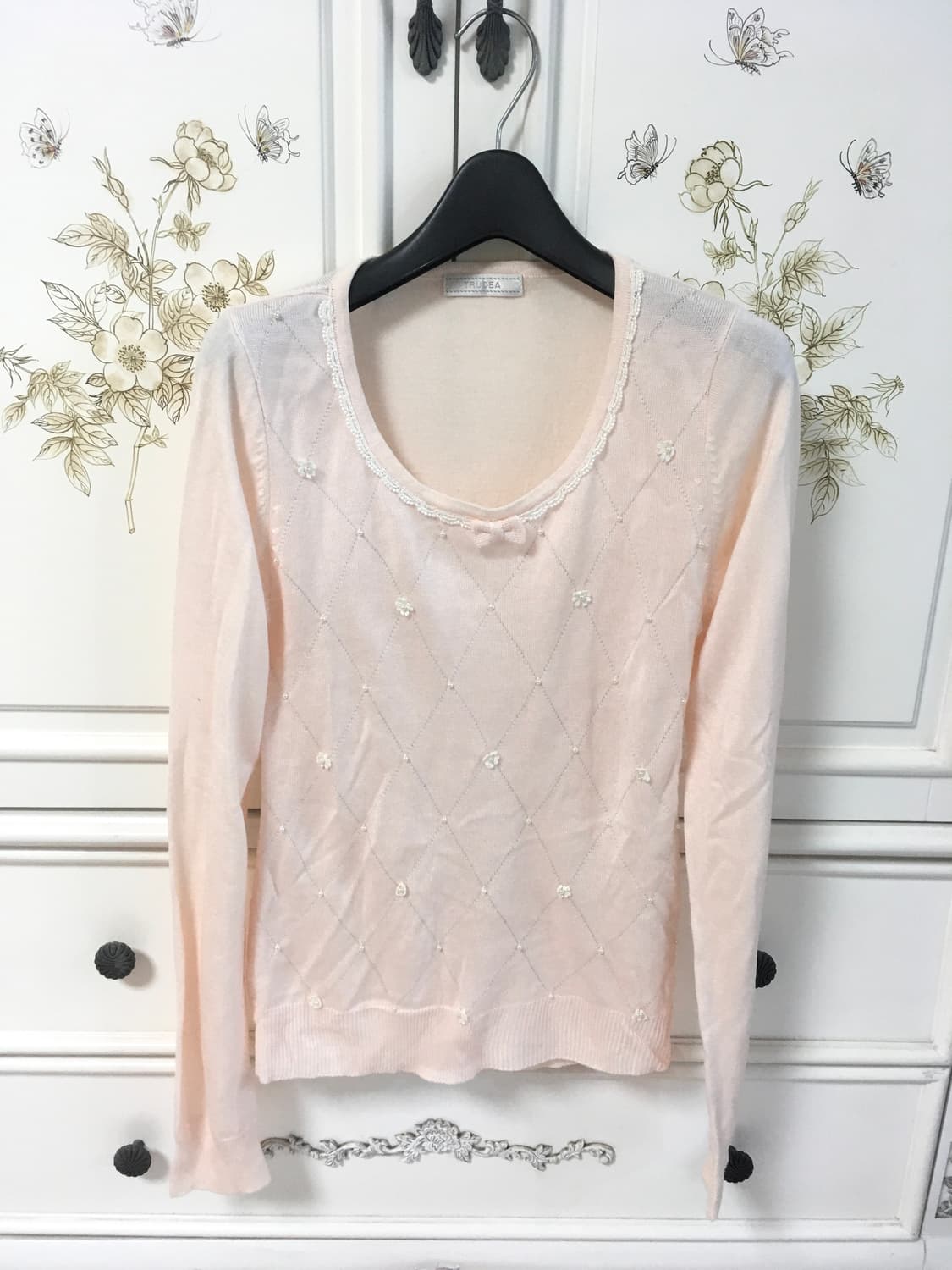 jpn vintage babypink ribbon argyle pearl 상품이미지1