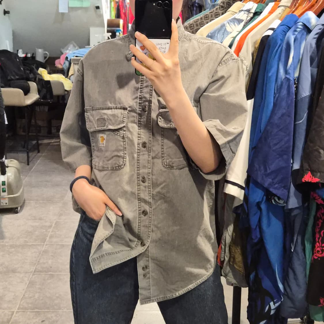 [NO.9] 칼하트 반팔 데님 셔츠 그레이데님 상품이미지1