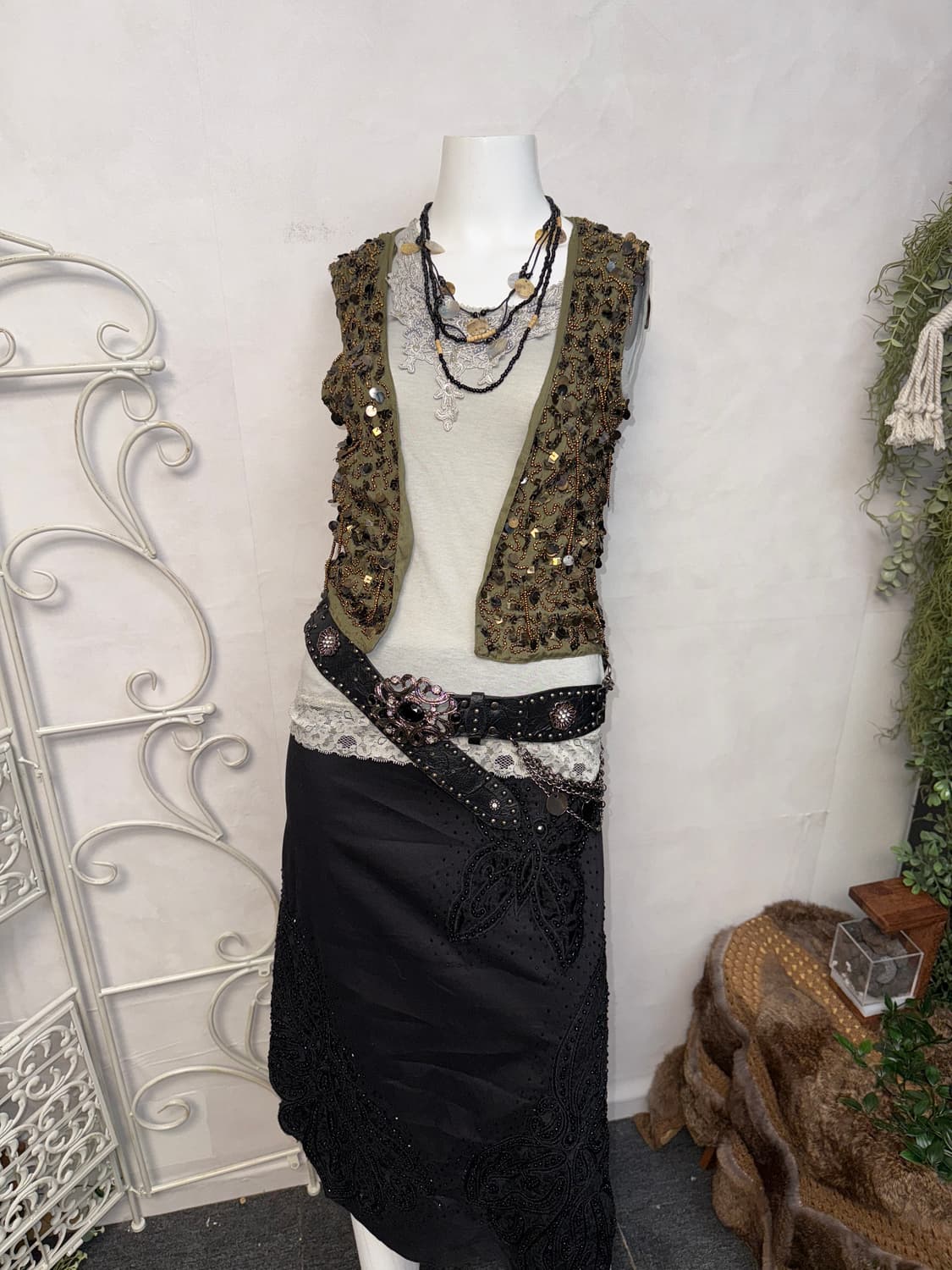 Khaki brown oriental fairy beads vest 상품이미지1
