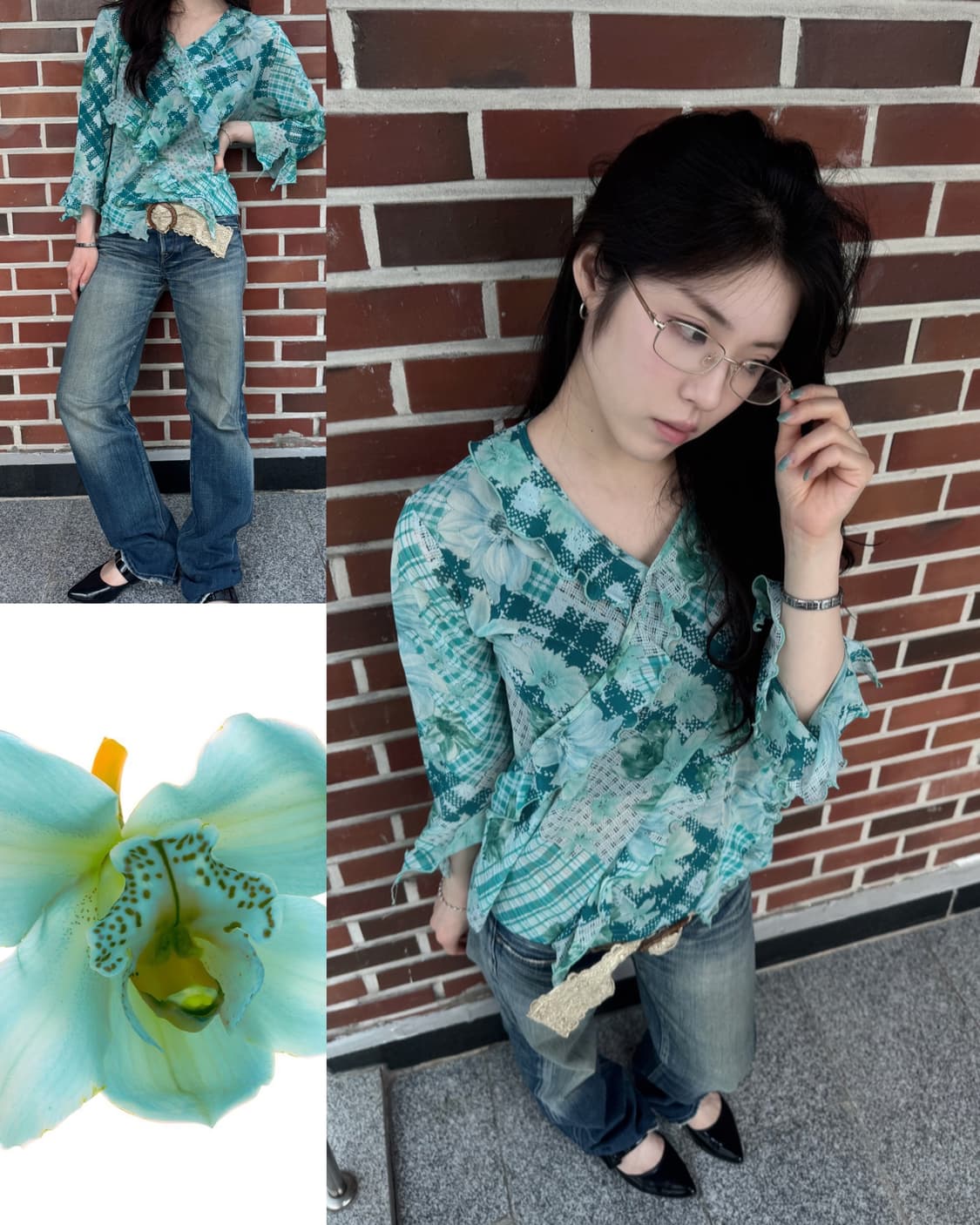 오리엔탈 민트 플라워 블라우스 상품이미지1