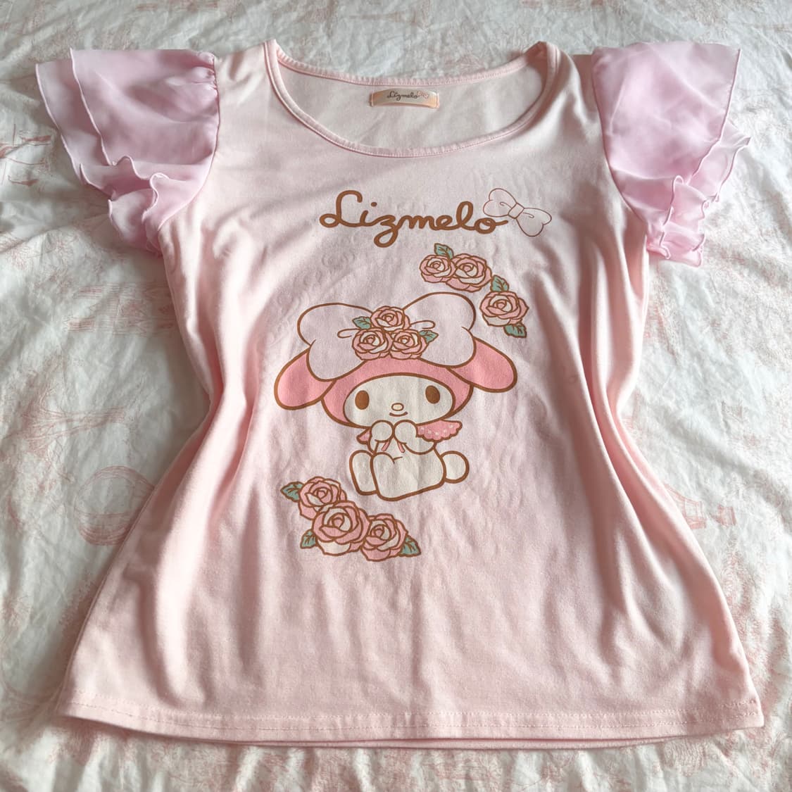 리즈멜로 핑크 프릴 쉬폰 반팔 티셔츠 마이멜로디 리즈리사 빈티지 일브 상품이미지1
