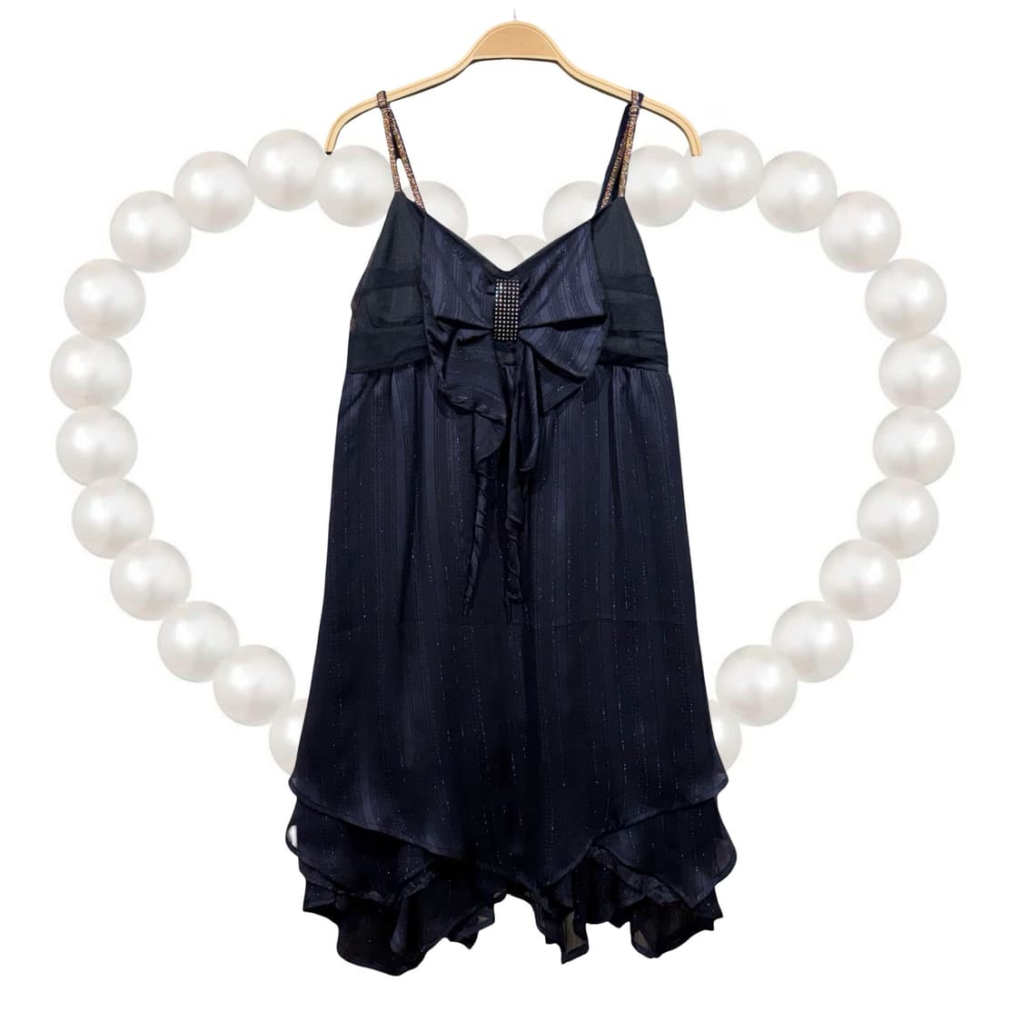 일본 빈티지 네이비 글리터 큐빅 리본 슬립 끈 원피스 갸루 상품이미지1