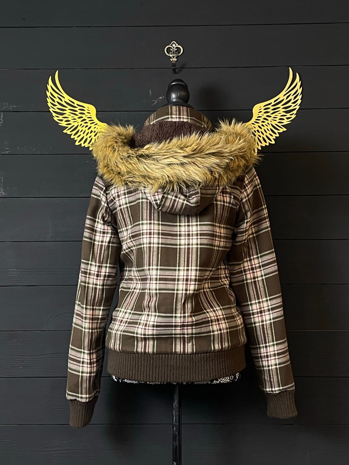 JPN 갸루 핑크 민트 딸기초코 체크 패턴 하이넥 퍼 자켓 상품이미지3