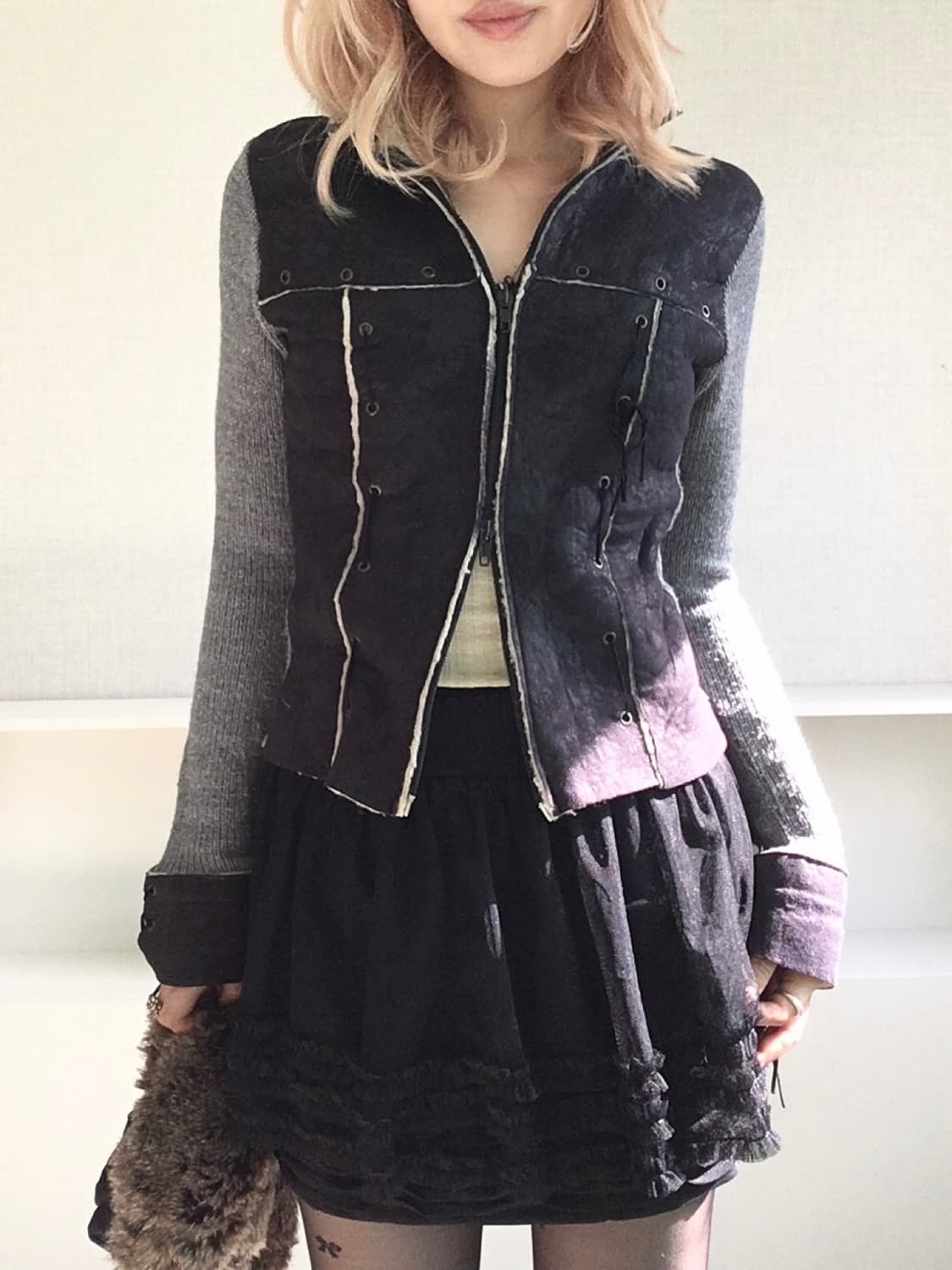 일본빈티지 아일렛 니트 무스탕 집업 상품이미지1