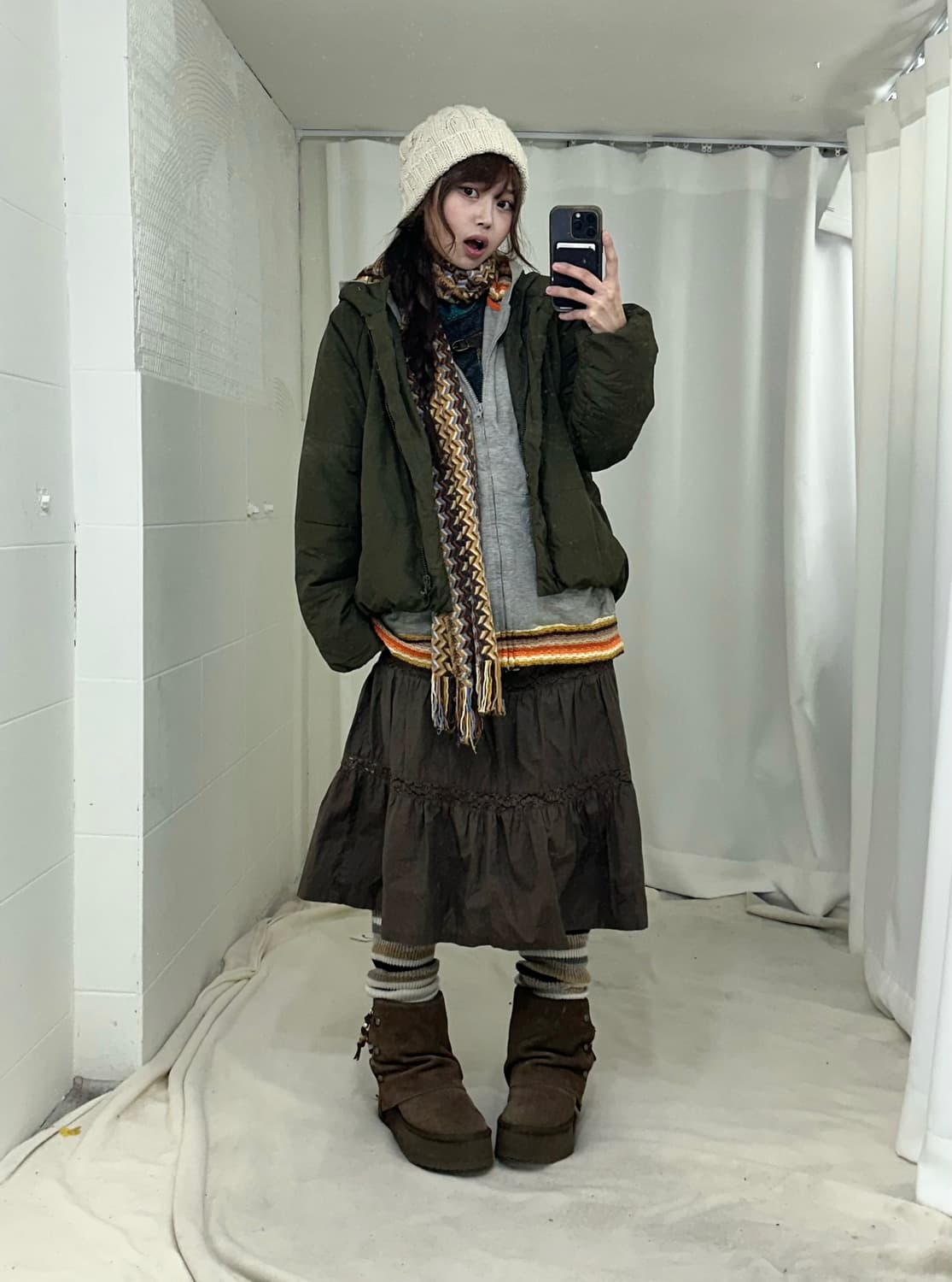 빈티지 히피 모리 카키 패딩 코디세트 상품이미지1