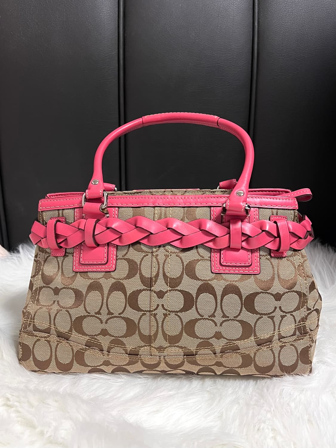 90s coach 햄튼 시그니처 캔버스 레더 브레이드 핑크 사첼백 상품이미지3