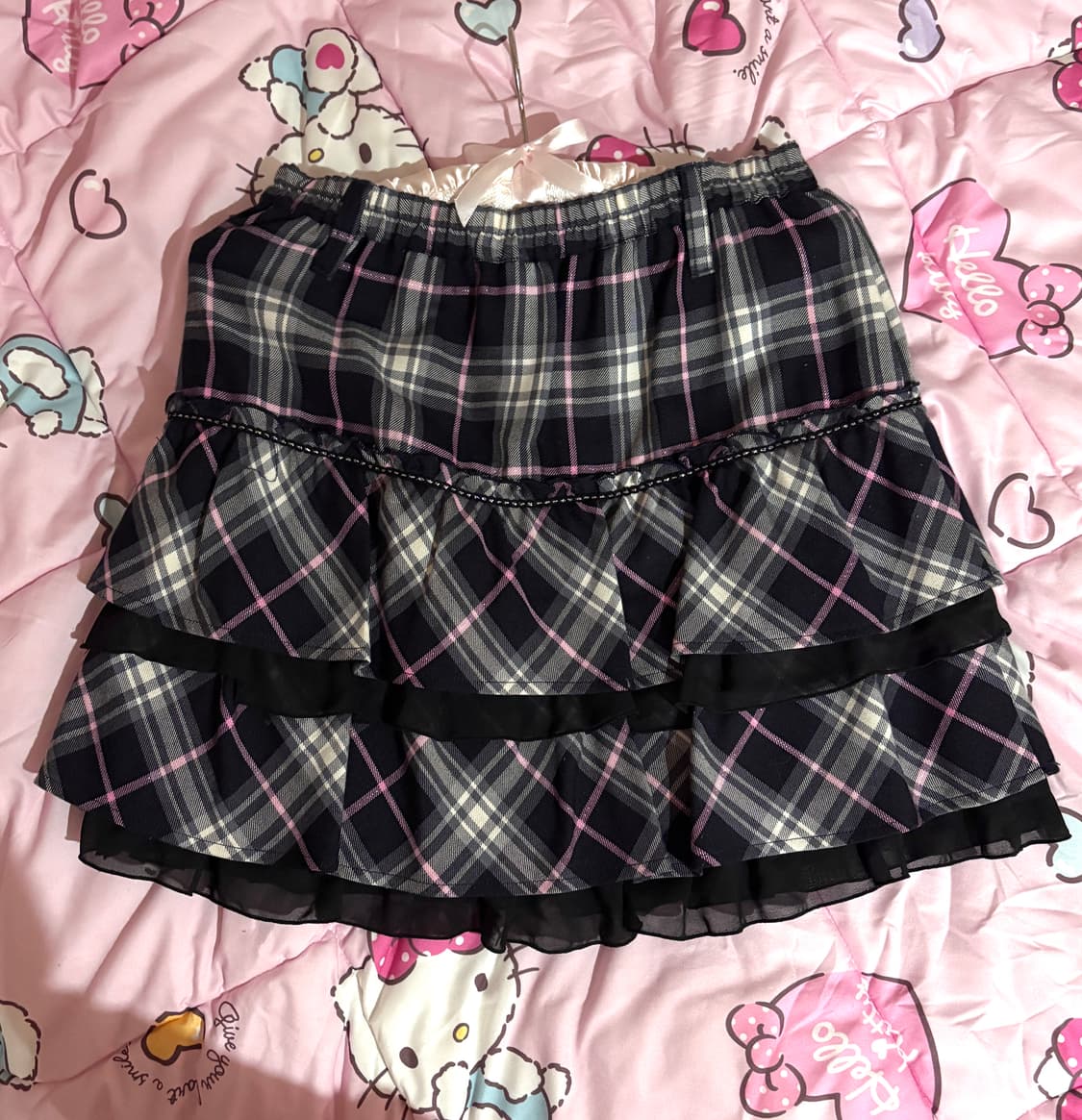 갸루 카라깔 체크 프릴 레이스 스커트 상품이미지1