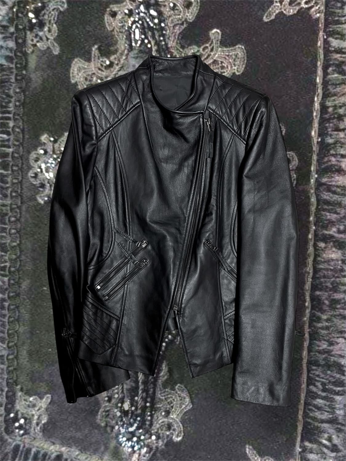 ITALY Sheepskin 릭오웬스맛 비대칭사선지퍼 슬림 레더자켓 블랙 상품이미지2