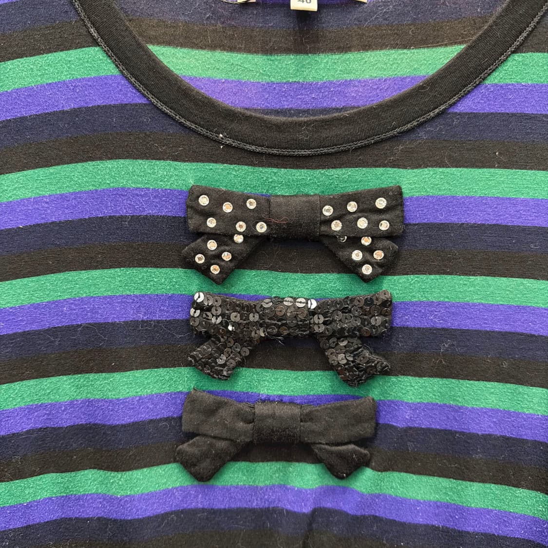 소니아 리키엘 반팔 스트라이프 티셔츠 스팽글 리본 장식 디테일 그린 블루 상품이미지6