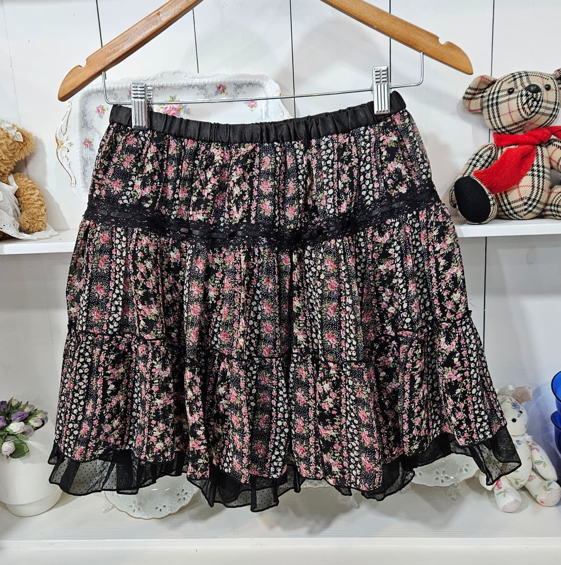플라워 패턴 미니 스커트 블랙 캉캉 치마 상품이미지5
