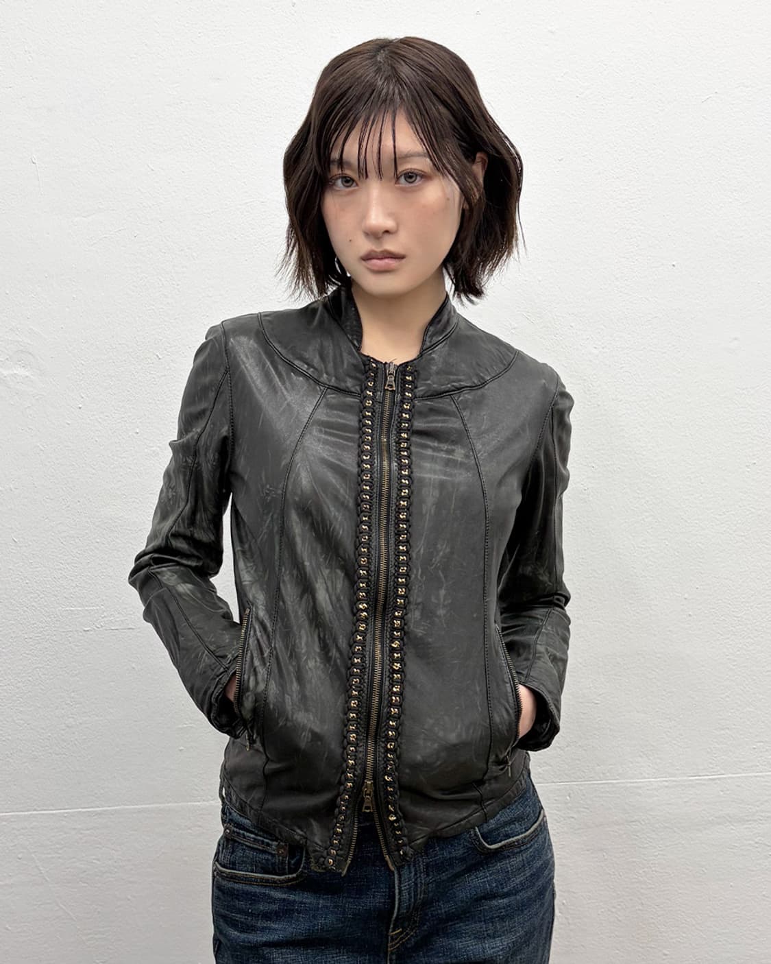 드롬 체인 트리밍 레더 자켓 상품이미지1