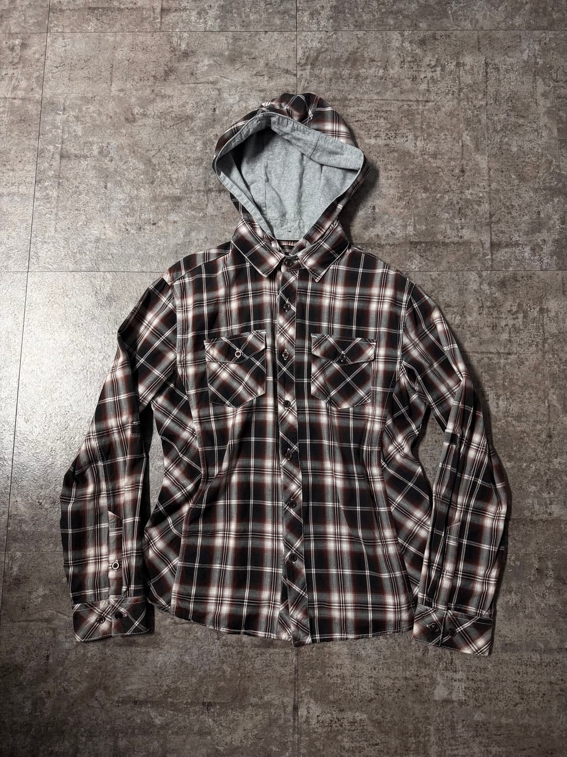 체크 패턴 탈착 후디드 셔츠 상품이미지1