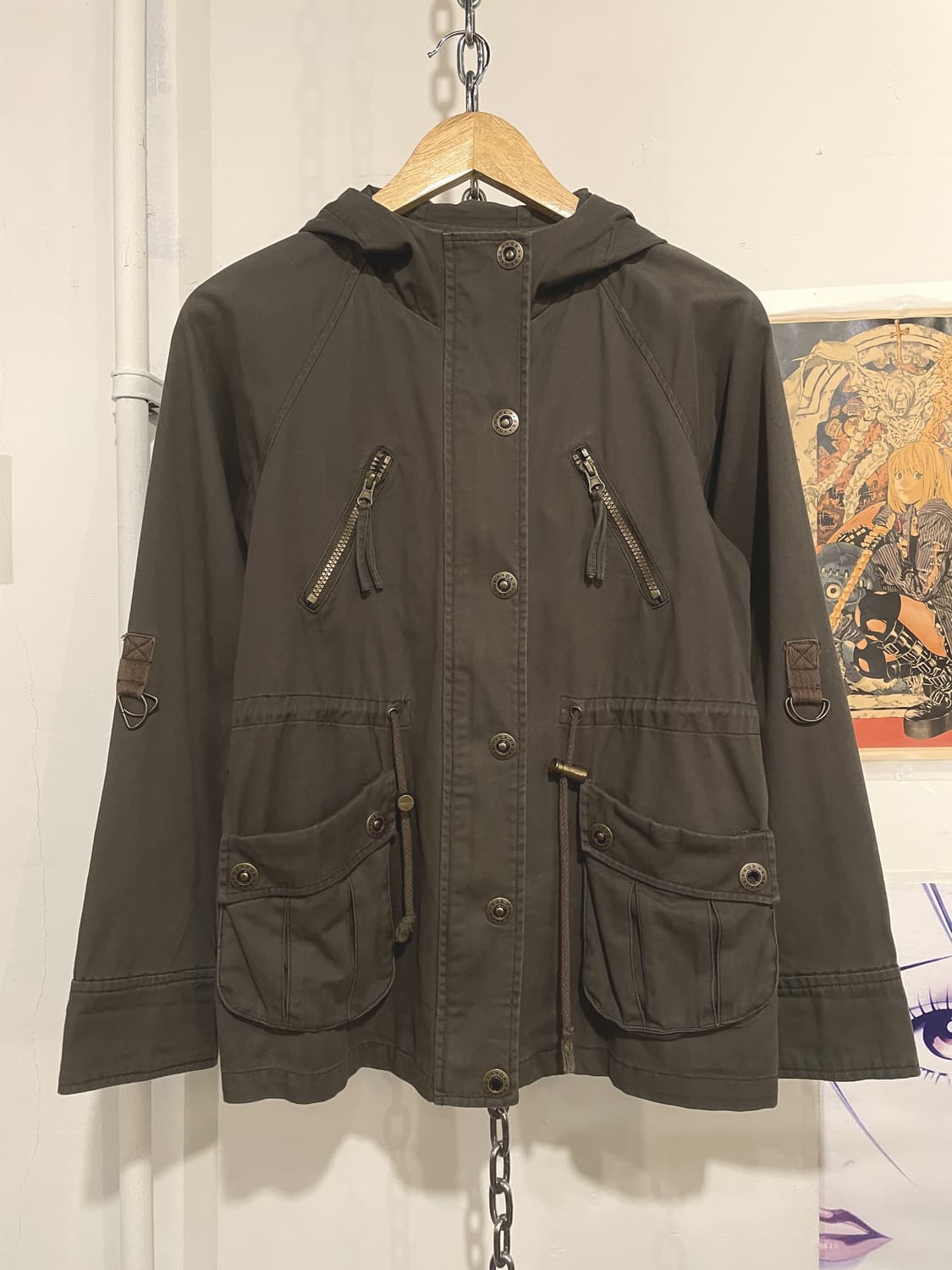 음각 버튼 스트랩 카키 후드 자켓 y2k 밀리터리 상품이미지1