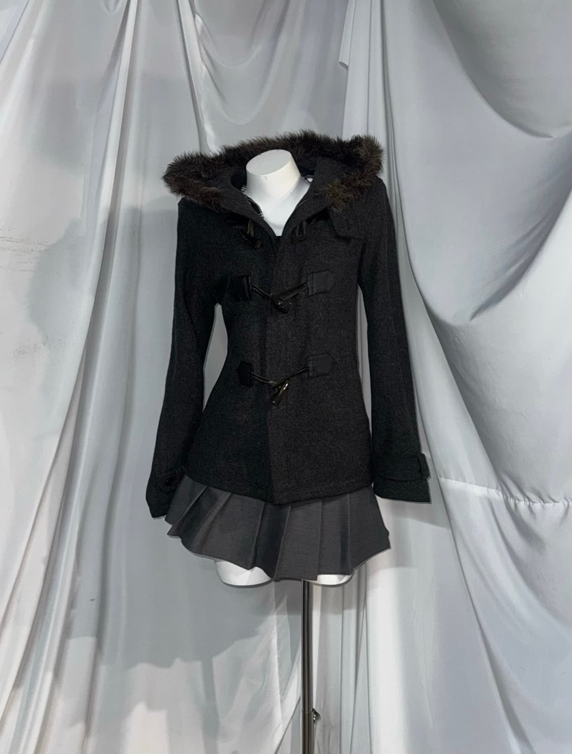 사와코깔 트랄라라 체크 무채색 니혼진 떡볶이 퍼 후드 코트 코디세트 상품이미지6