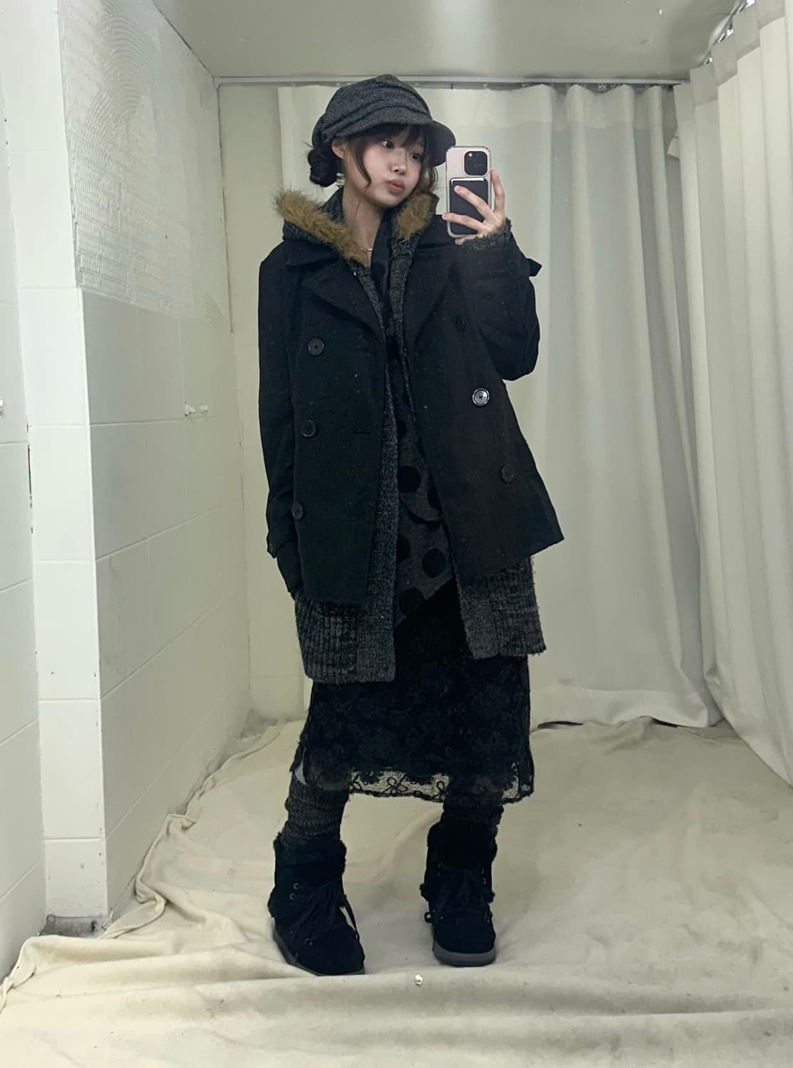 무채색 니혼진 도트 더블버튼 코트 코디세트 상품이미지1