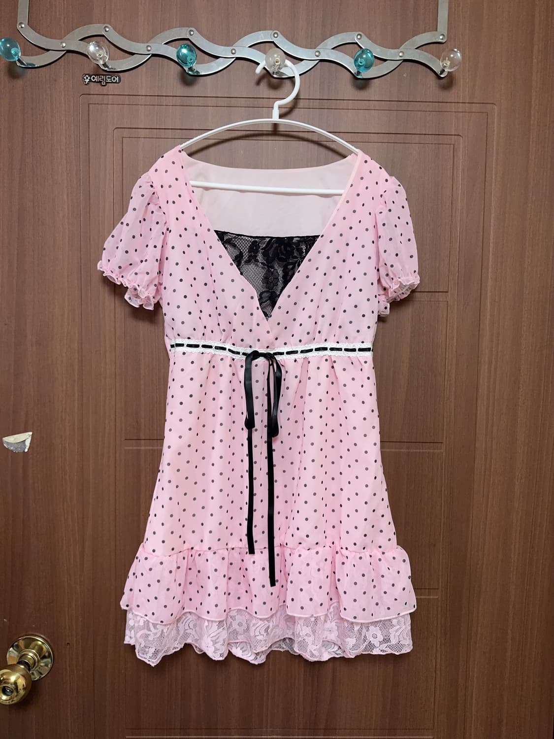빈티지 오네 갸루 양산형 핑크 도트 레이스 프릴 리본 원피스 상품이미지1