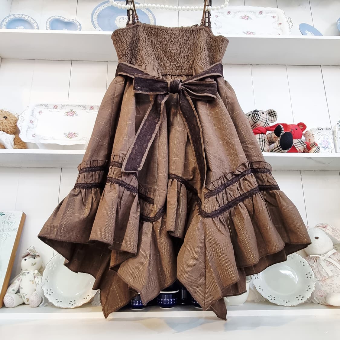 브라운 체크 프릴 레이스 원피스 상품이미지6