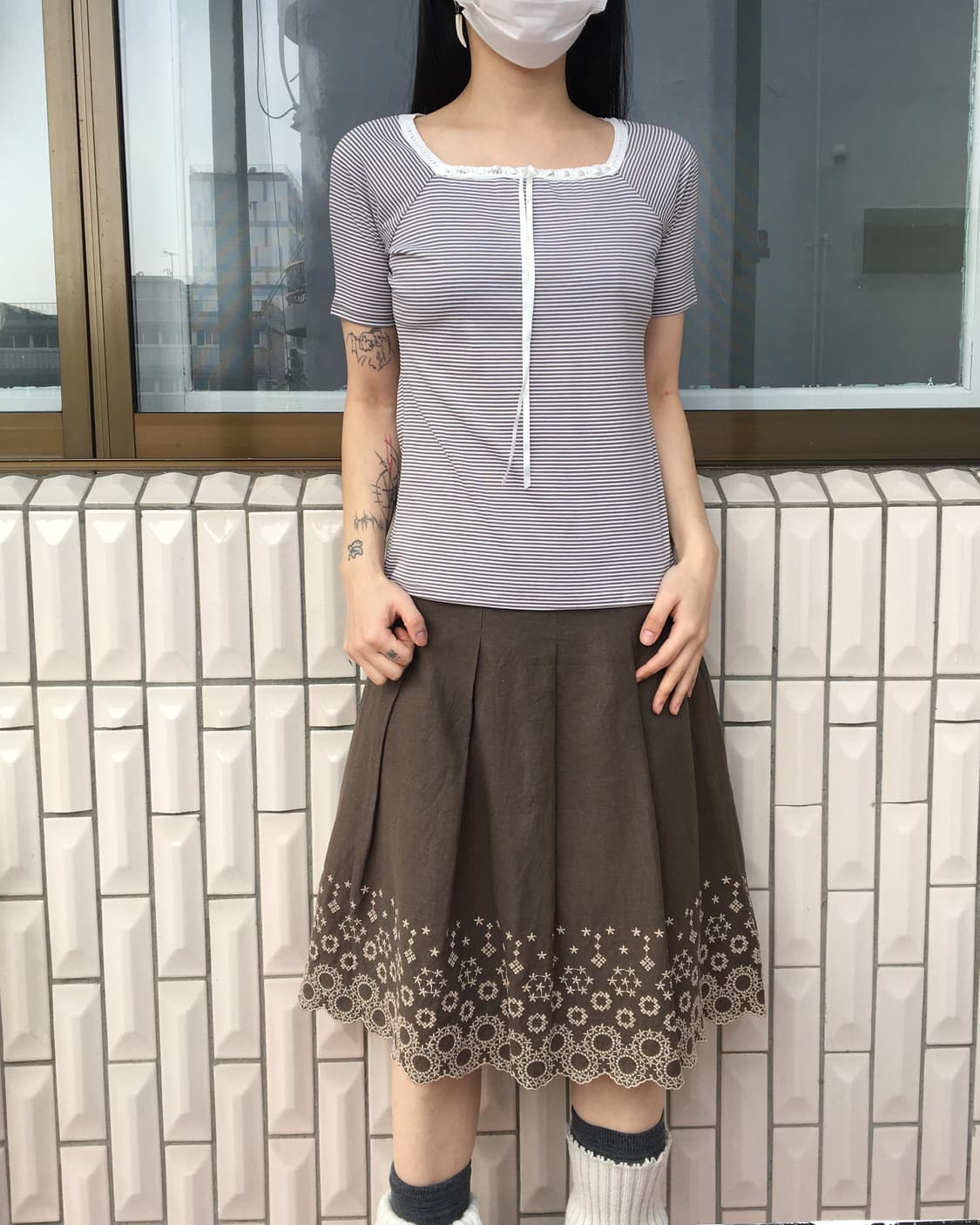Lace trimming stripe pattern t shirt 상품이미지1