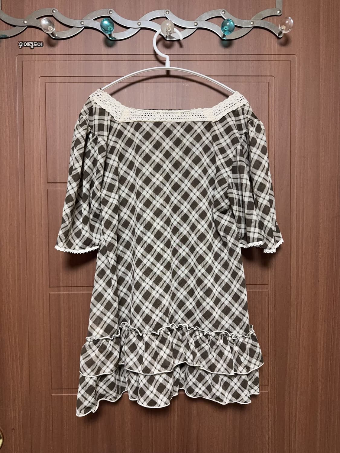 모리걸 하구미 일본 빈티지 브라운 체크 레이스 러플 쉬폰 블라우스 상품이미지3