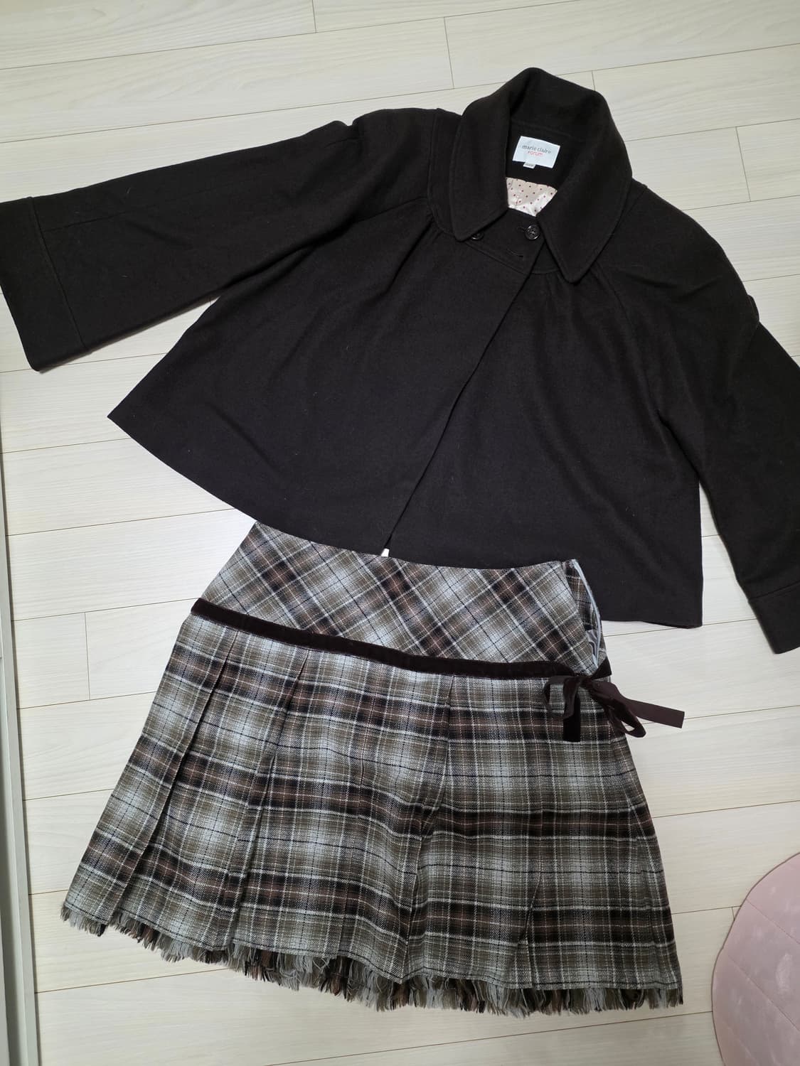 카메빈티지 초코브라운 숏자켓 체크 스커트 세트 상품이미지1