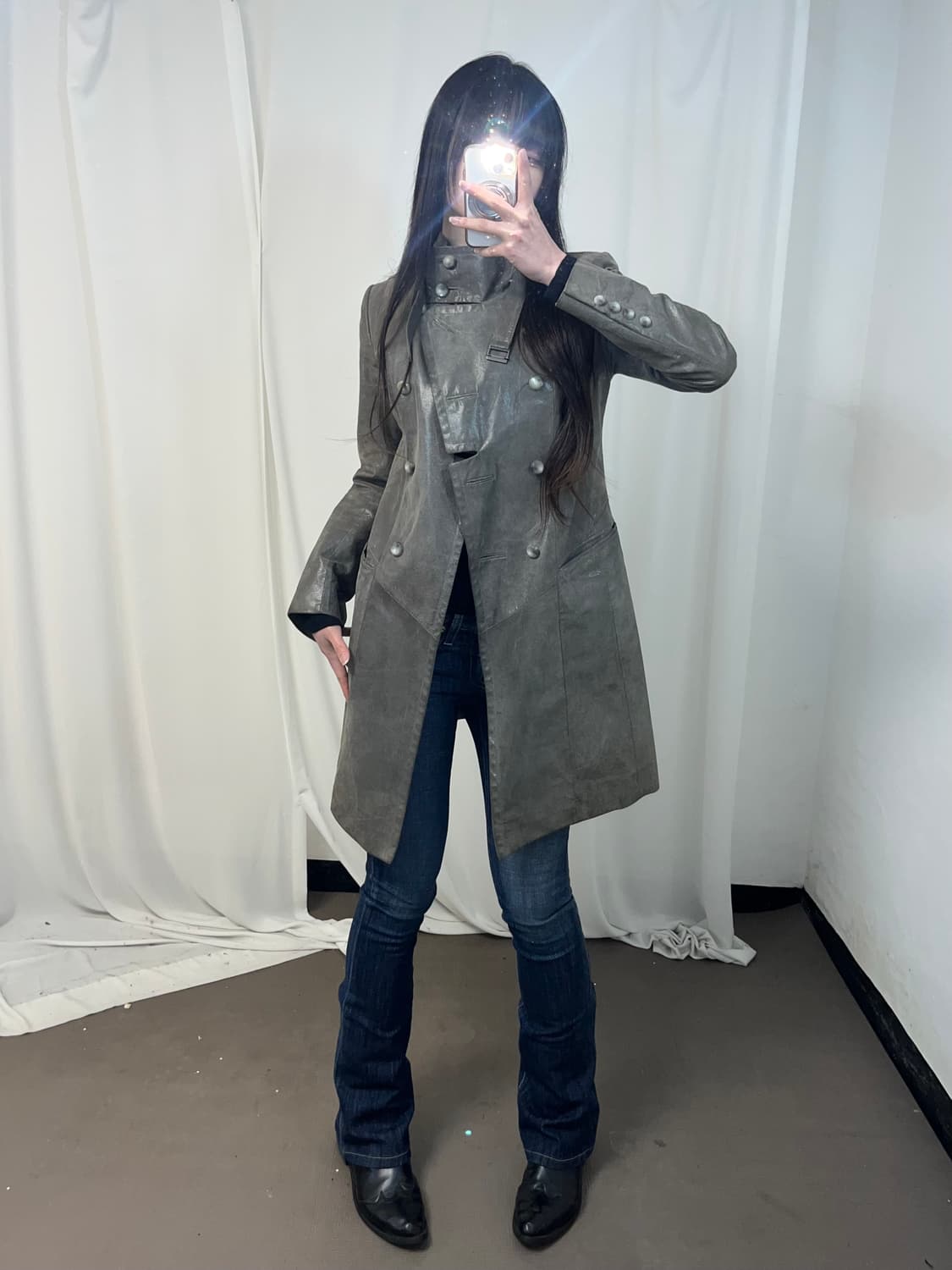 카키 그레이 나폴레옹 레더 코트 상품이미지2