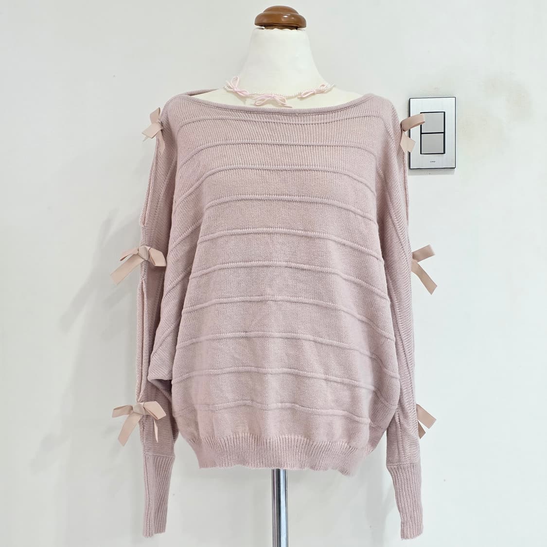 SHEIN)빈티지 핑크리본st 히메갸루 발레코어 가오리핏 긴팔니트 상품이미지3