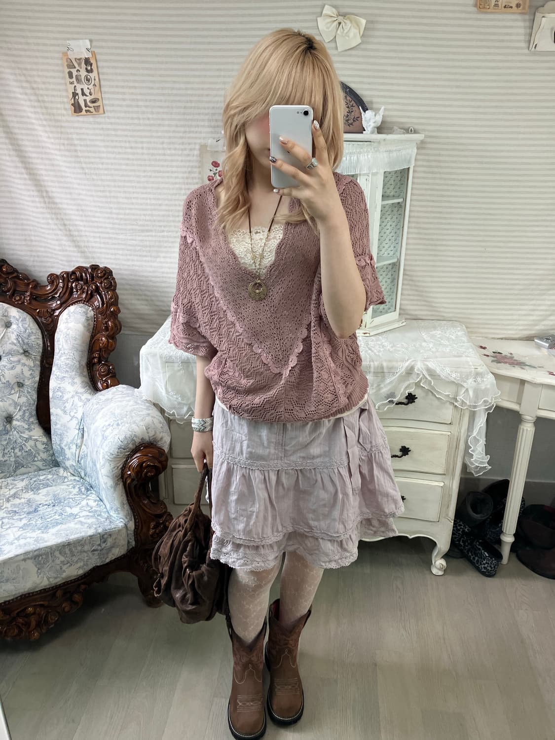 액시즈팜 핑크 크로셰 케이프 니트 상품이미지5