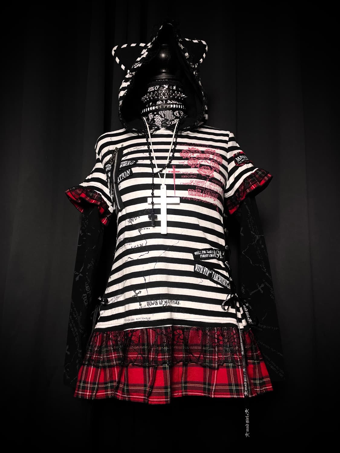 MAD PUNKS 매드 펑크 네코 고양이 귀 스트라이프 줄무늬 체크 후드 상품이미지2