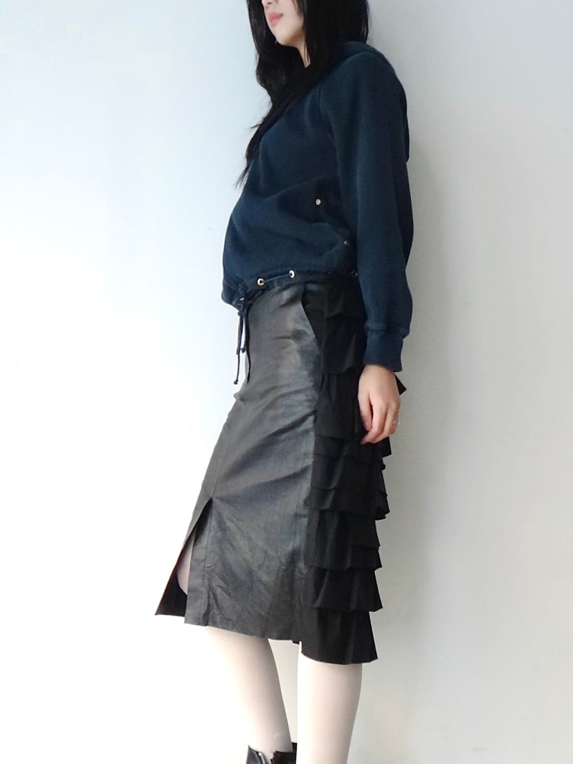 Facade leather & flare skirt / black 상품이미지8