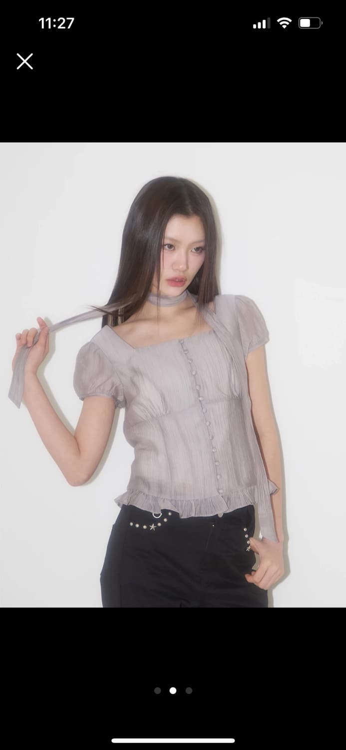 일리고 리본 타이 스퀘어넥 블라우스 그레이 M 상품이미지1