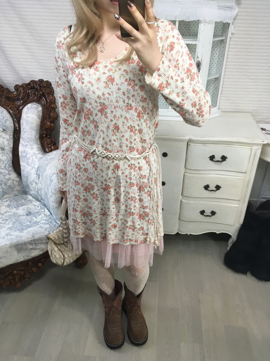 Set)  floral  knit onepiece + belt 상품이미지3