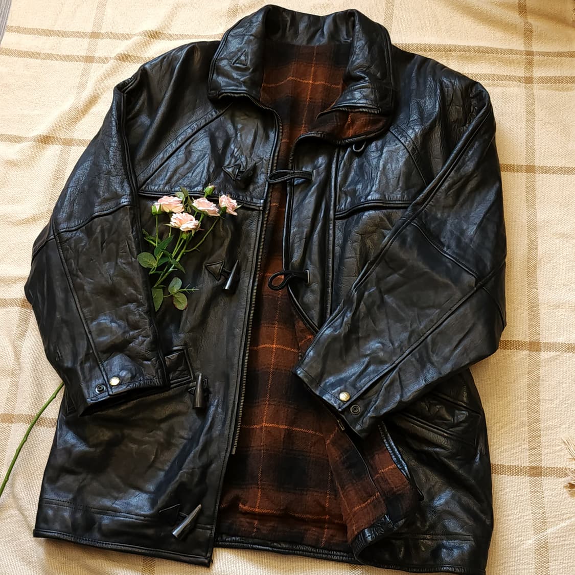 90s 프렌치 레더자켓 풀그레인 소가죽 더플코트 빈티지 가죽자켓 m 상품이미지10