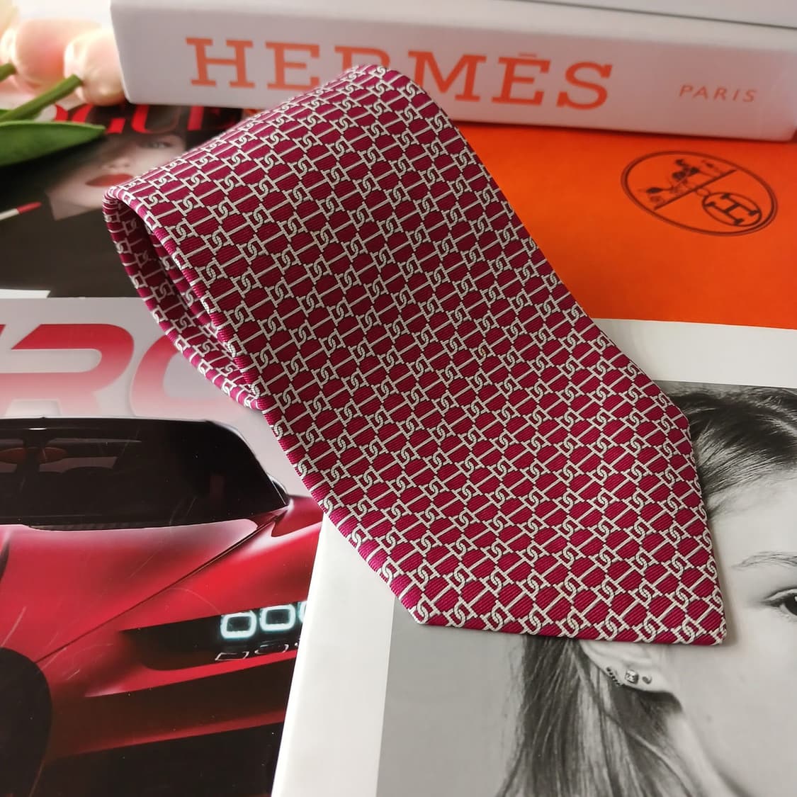 에르메스 실크 버건디 인터락패턴 넥타이 9.7cm A~B등급 A18813 상품이미지2
