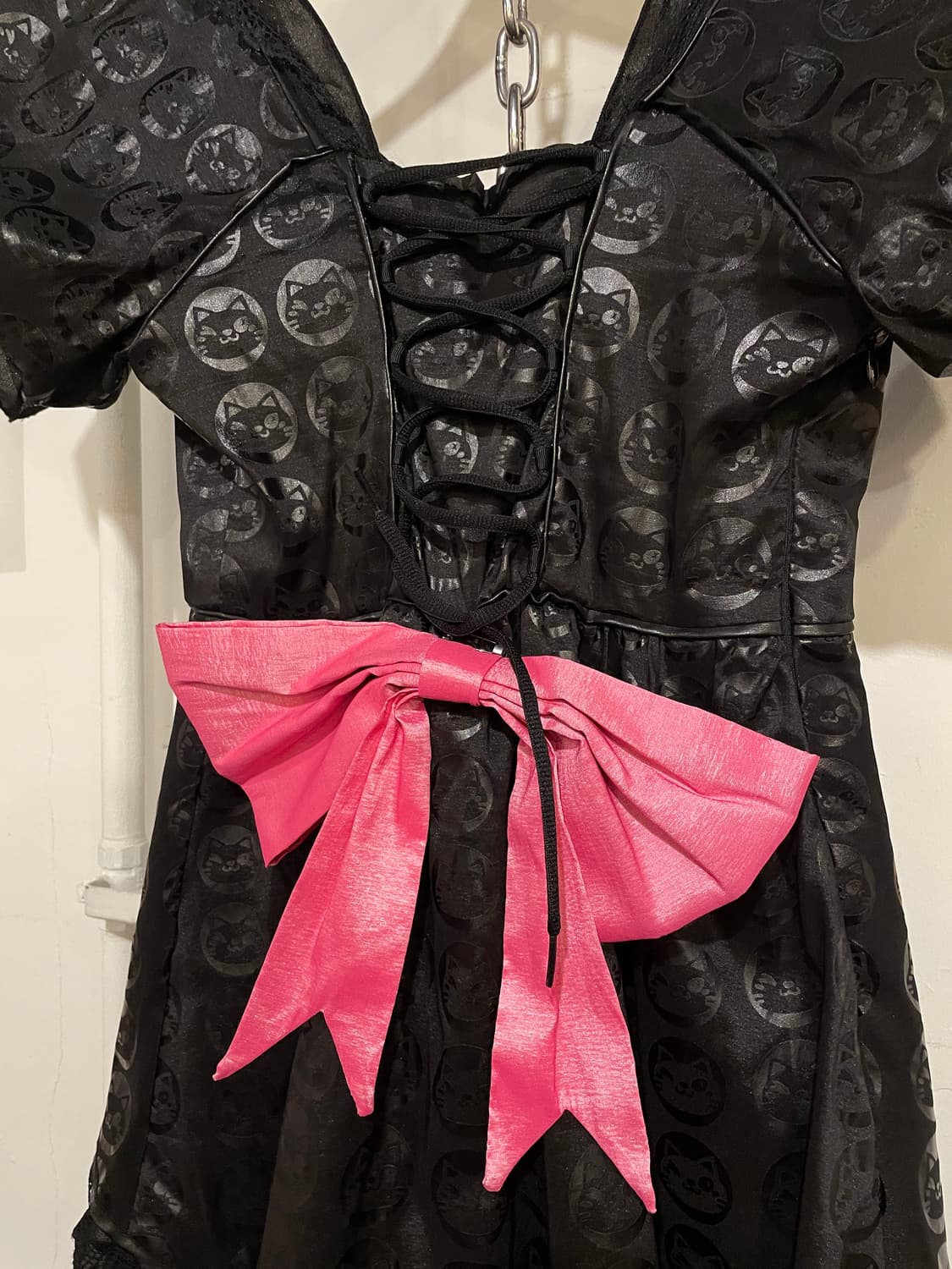 고양이 패턴 아일렛 리본 레이스 레이어드 블랙 원피스 고스 로리 펑크 상품이미지10