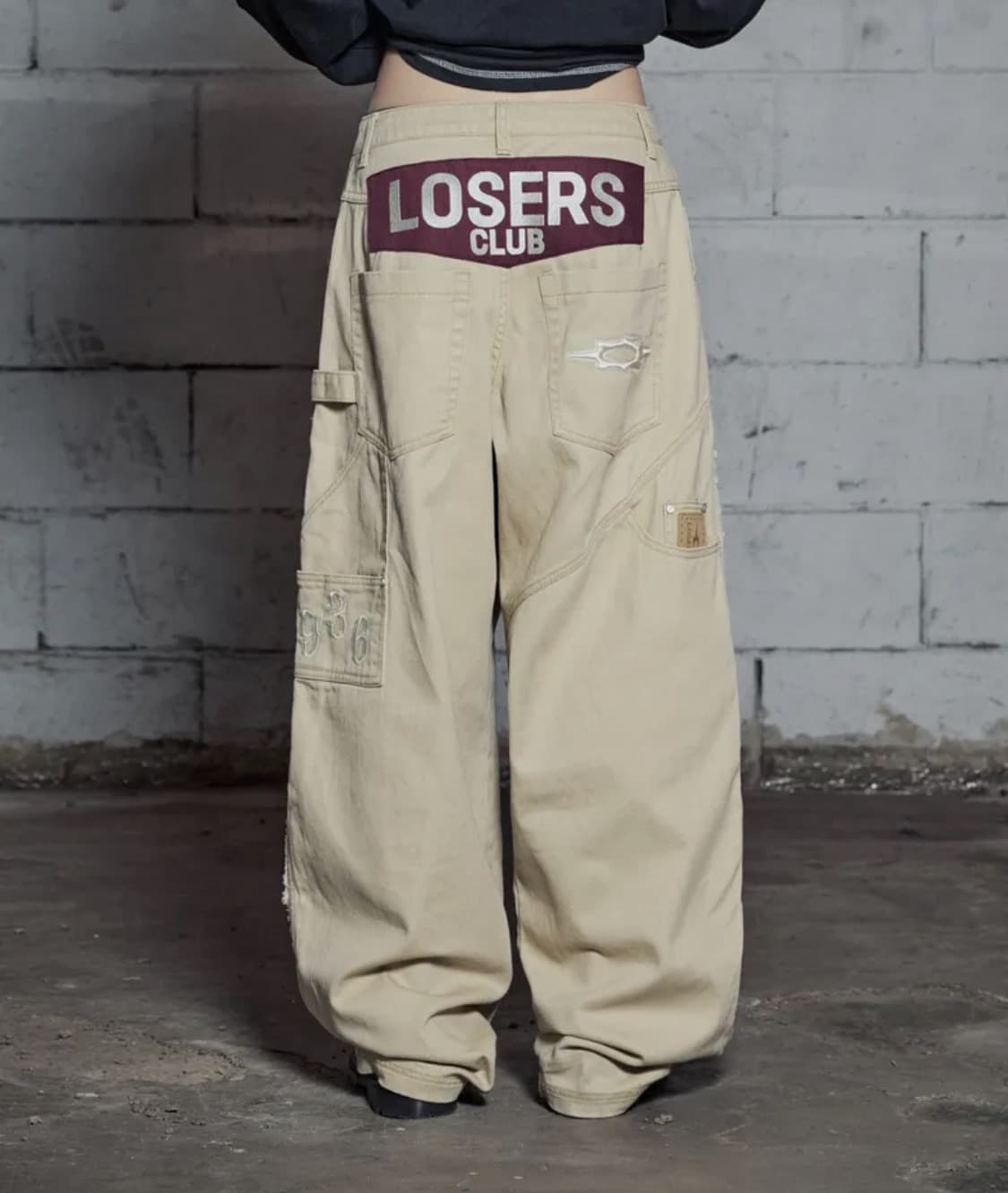 루저스클럽 더블니 데미지 카펜터 와이드 면팬츠 베이지 상품이미지1